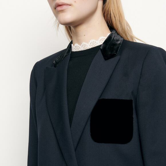 Sandro Tailored Jacket With Velour Pocket - 38 - Navy Blue - Picture 2 of 7